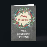 Rustig julfransfrand Friend God jul Kort<br><div class="desc">God jul för ett vänkort med rustik vattenfärgad julkransande,  vintage chalkboard mönster och tankfull vers.</div>