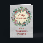 Rustig julfransfrand Friend God jul Kort<br><div class="desc">God jul för ett vänkort med rustik vattenfärgad julkrans,  vintage mönster och tankfull vers.</div>
