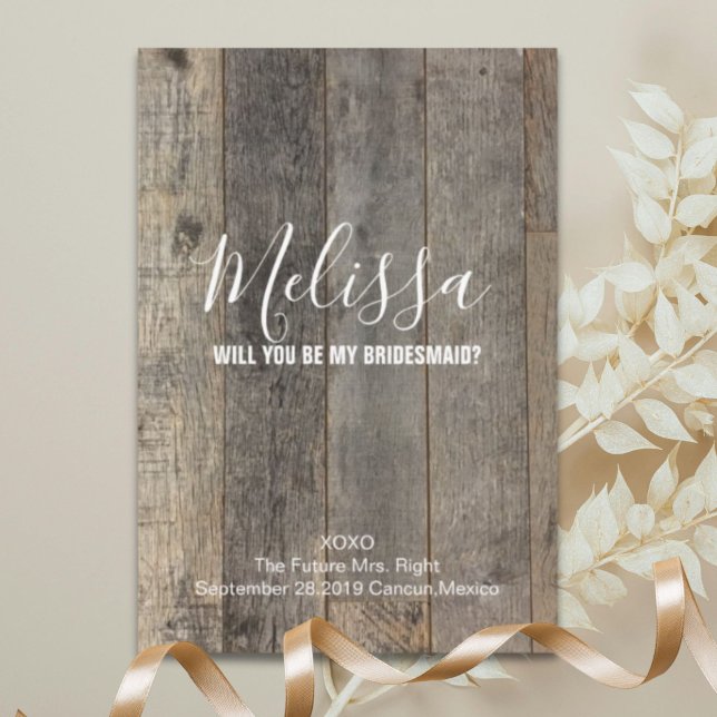 Rustig lada-trä kommer att bli min brud inbjudningar (rustic barn wood will you be my bridesmaid invitation)