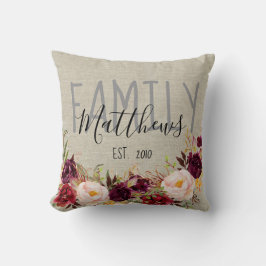 Rustig Linen Burgundy Blommigt Family Namn Keepsak Kudde