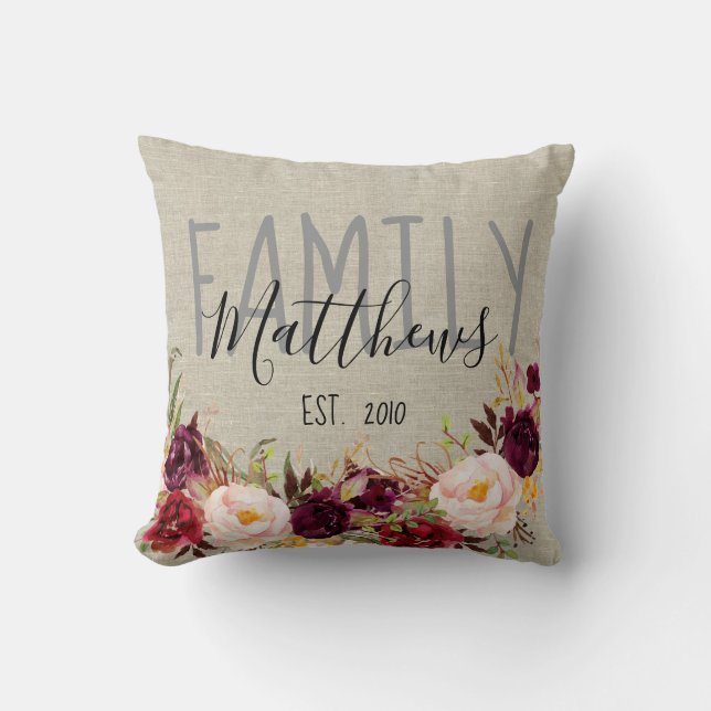 Rustig Linen Burgundy Blommigt Family Namn Keepsak Kudde (Framsida)