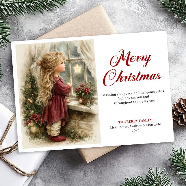 Rustig liten flicka som väntar på tomte julutskrif julkort (Rustic little girl awaiting Santa printable Xmas Holiday Card)