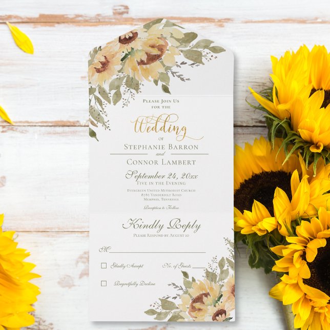 Rustig mjuk Gult Solblommor, ingen middag (Rustic Soft Yellow Sunflowers No Dinner All In One Invitation)