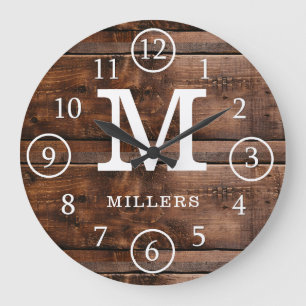 Rustig monogrammad Mörk Brown Wood Family Namn Stor Klocka