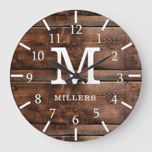 Rustig Mörk Brown Barn Wood Family Namn Monogram Stor Klocka