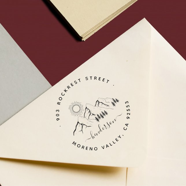 Rustig Mountain Forest Landcape Family Adress Självfärgande Stämpel (Mountains Pines Sun Elegant Script Return Address Stamp)