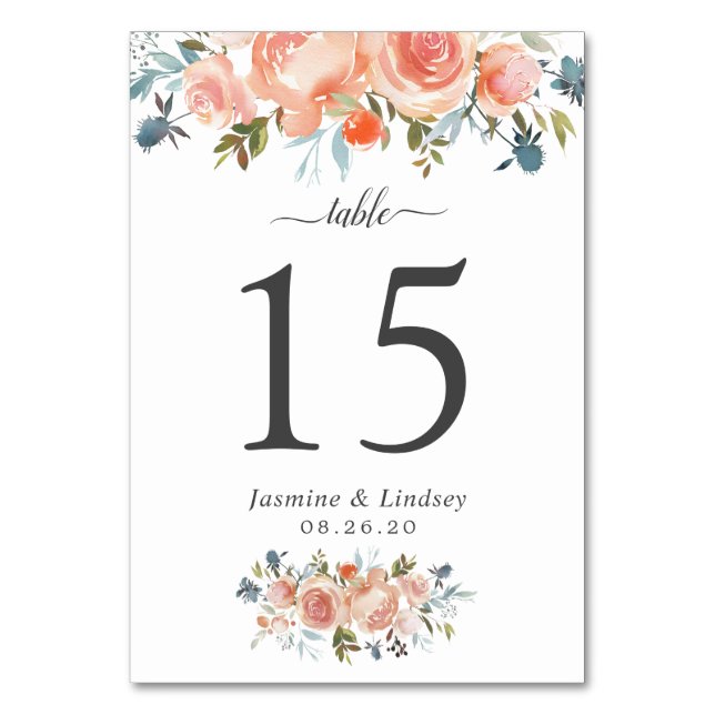 Rustig persikofärg Orange Vattenfärg Blommigt Bröl Bordsnummer (Framsidan)