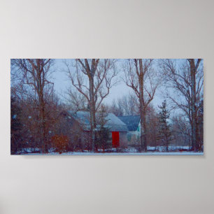 Rustig röd lada på vintern snö helgdag poster