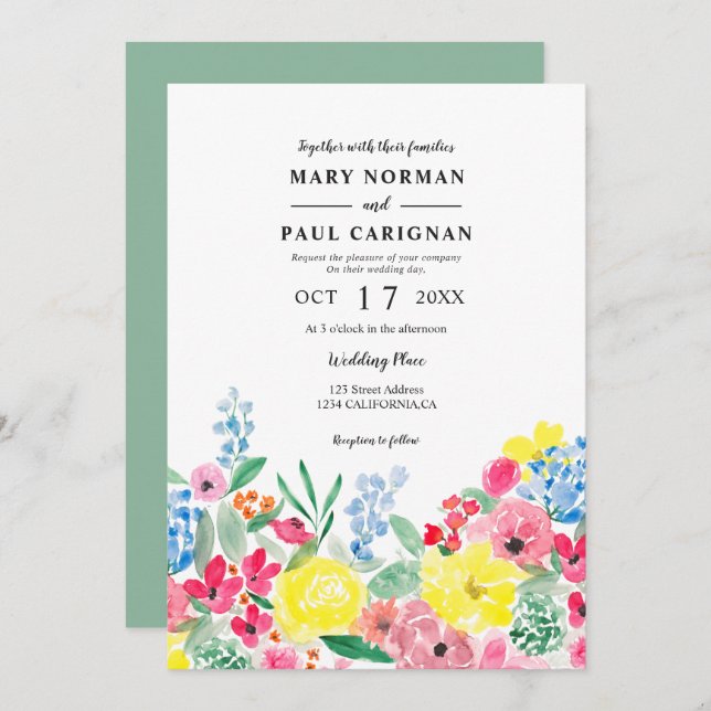 Rustig röd rosa blommigt vattenfärg grönt bröllop inbjudningar (Fram/baksida)