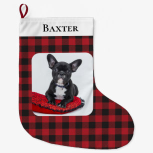 Rustig röd svart kontroll Pet Photo Hund Stor Julstrumpa