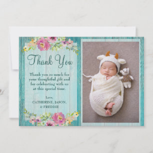 Rustig Rosa Blommigt Blue Wood Baby Shower Tack Kort