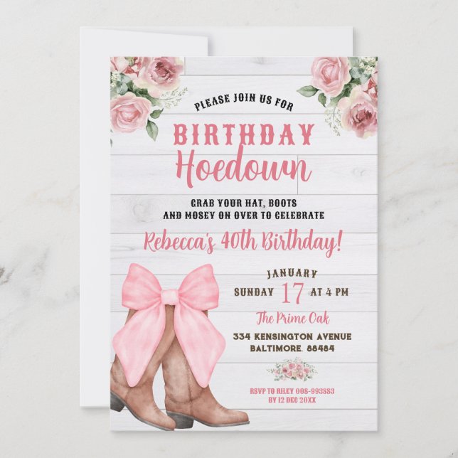 Rustig Rosa Blommigt Conquette Cowgirl Boot Birthd Inbjudningar (Framsida)