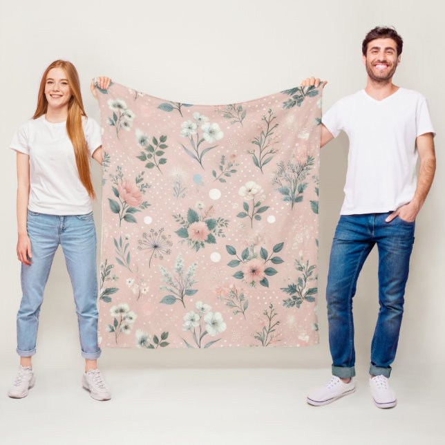 Rustig Rosa Blommigt med vita blodkroppar och grön Fleecefilt (På plats)