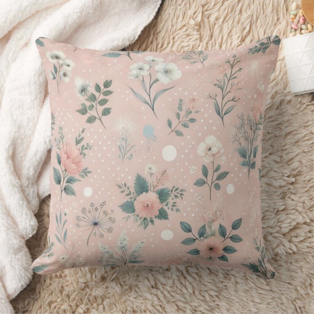 Rustig Rosa Blommigt med vita blodkroppar och grön Kudde (Filt)