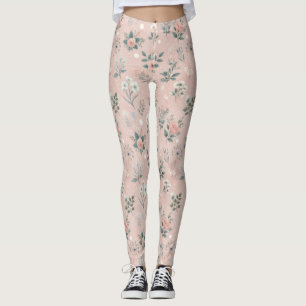 Rustig Rosa Blommigt med vita blodkroppar och grön Leggings