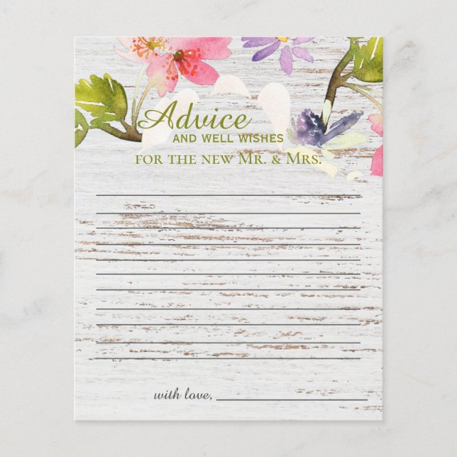 Rustig Rosa Blommigt på Vit Wood Advice Card (Framsida)
