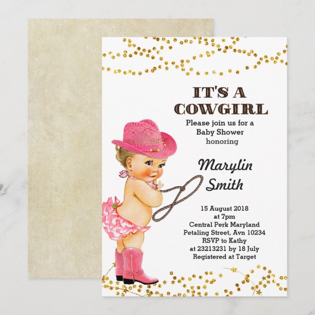 Rustig Rosa Cowgirl Baby Shower Girl Inbjudningar (Fram/baksida)