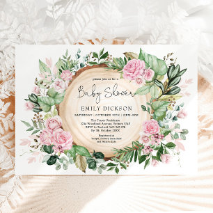 Rustig  Rosa Flower Greenery Girl Baby Shower Inbjudningar