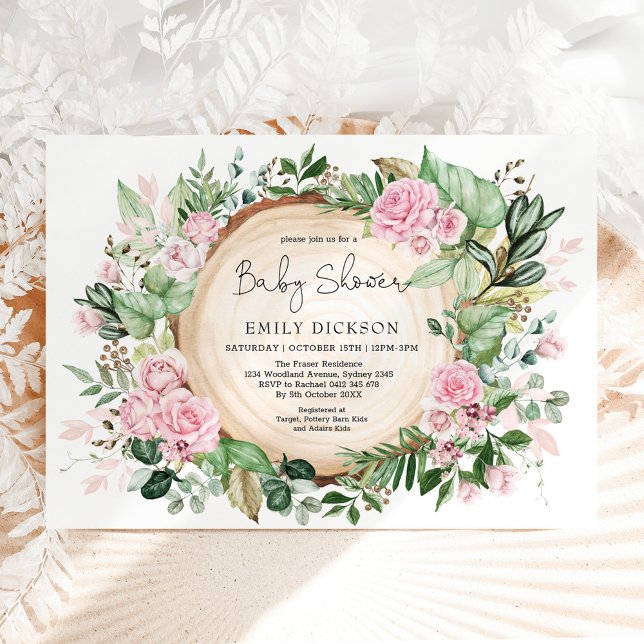Rustig  Rosa Flower Greenery Girl Baby Shower Inbjudningar (Skapare uppladdad)