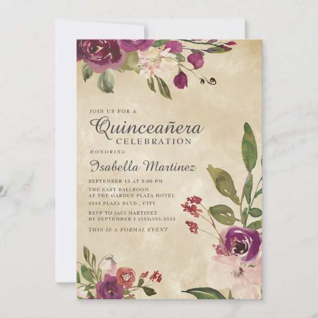Rustig Rosa Lila Watercolor Blommigt Quinceañera Inbjudningar (Framsida)