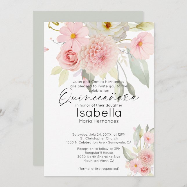 Rustig  Rosa Vattenfärgad Blommigt Quinceanera Inbjudningar (Fram/baksida)