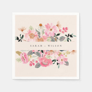 Rustig Rosa Watercolor Blommigt Bröllop Pappersservett