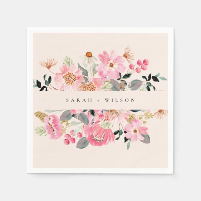 Rustig  Rosa Watercolor Blommigt Bröllop Pappersservett (Framsidan)