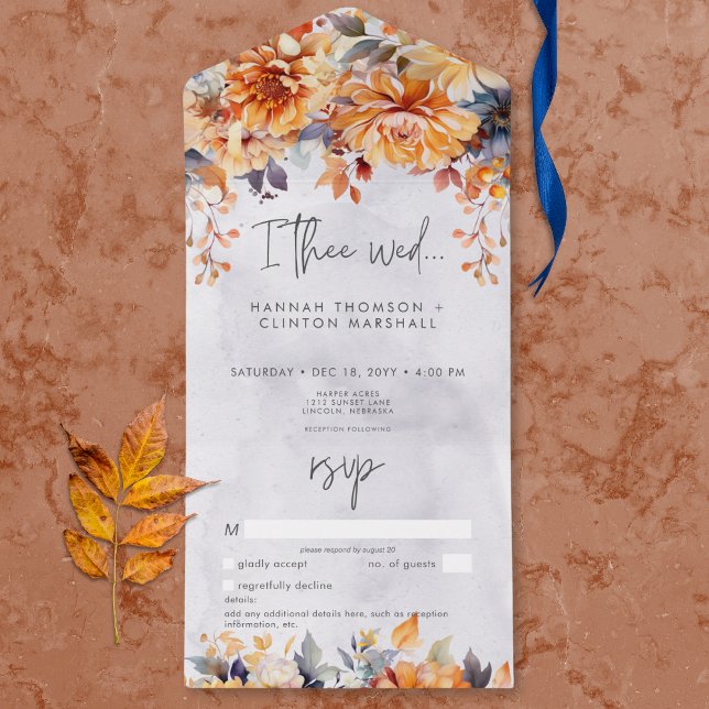 Rustig rost och marin flotta Blommigt Bröllop, ing (Rustic Winter Berries & Pine Wedding No Dinner All In One Invitation)