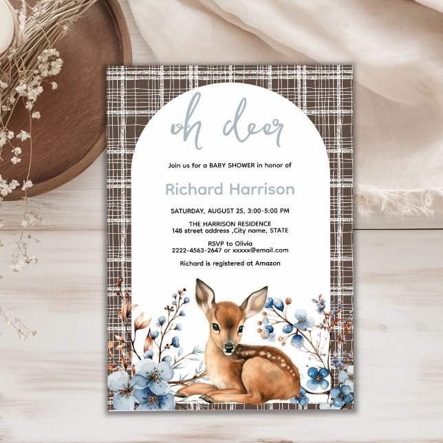 Rustig skog Oh hjort söt babyduschinbjudan Inbjudningar (Oh deer rustic blue florals with cute forest deer baby shower invitation, gender neutral, woodland )
