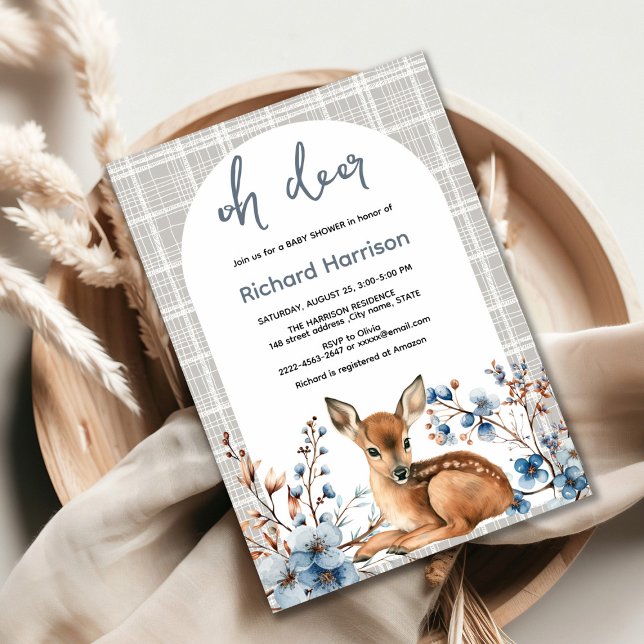 Rustig skog Oh hjort söt babyduschinbjudan Inbjudningar (Oh deer rustic blue florals with cute forest deer baby shower invitation, gender neutral, woodland )