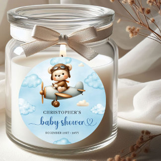 Rustig Teddybjörn Aviator Blå Brun Pojke Babyfiran Runt Klistermärke