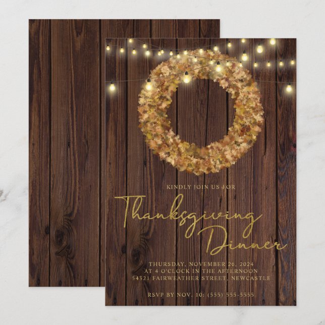 Rustig Thanksgiving Utandningssträng Ljus Trä Inbjudningar (Fram/baksida)