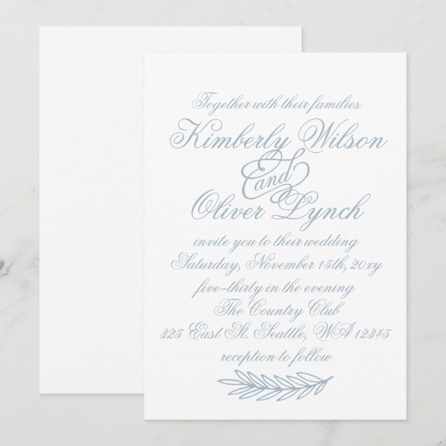 Rustig vattenfärg Dusty Blue Nature Leafy Bröllop Inbjudningar (Fram/baksida)