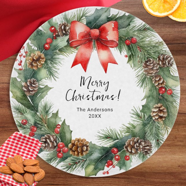 Rustig vattenfärg God jul för vattenutandning (A stylish cutting board with festive Christmas wreath design, personalized with a name and the year)