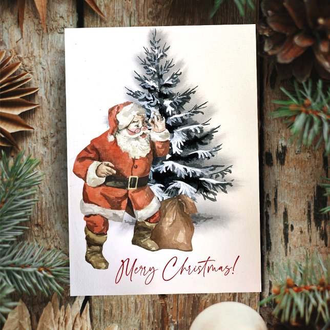 Rustig vattenfärg, tomten med Anpassningsbarna Bag Julkort (Rustic Watercolor Santa With Bag Custom Christmas Holiday Card)