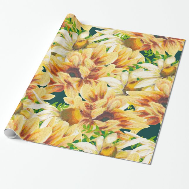 Rustig vattenfärgad Gult och Grönt Solros Presentpapper (Utrullad)