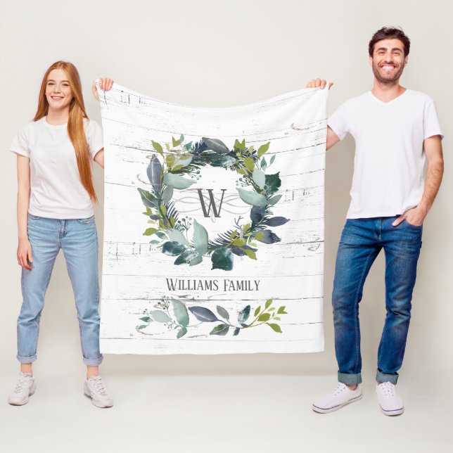 Rustig vattenfärgad Laurel-andningsfamilj Monogram Fleecefilt (På plats)
