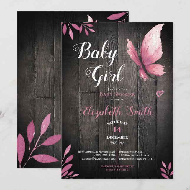 Rustig vattenfärgad rosa-fjärilskvinna inbjudningar (Fram/baksida)