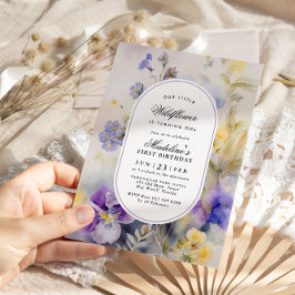 Rustig vattenfärgsLila och Gult 1:a födelsedag Inbjudningar