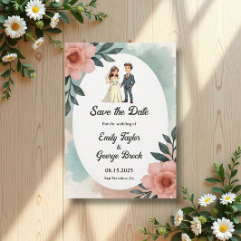 Rustig vattenfärgstav och Blommigt Bröllop Spara Datumet