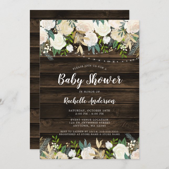 Rustig vit Blommigt String Ljus Baby Shower Inbjudningar (Fram/baksida)