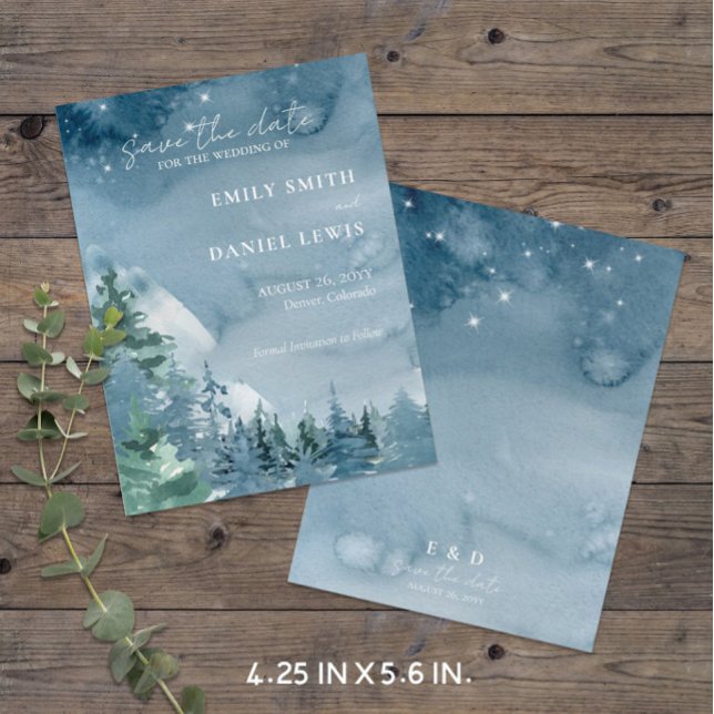 Rustiga berg Blåbudget Spara datumkortet Vykort (Dark Theme Budget-Friendly Rustic Mountain Wedding Save the Date (4.25 x 5.6 in))