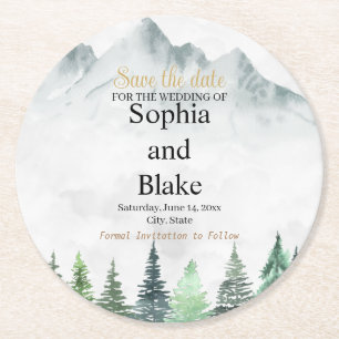 Rustiga berg och skogsfärgen Spara datumet Underlägg Papper Rund