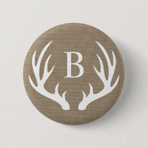 Rustiga vita Hjortar Antlers & Faux Burlap Monogr Knapp