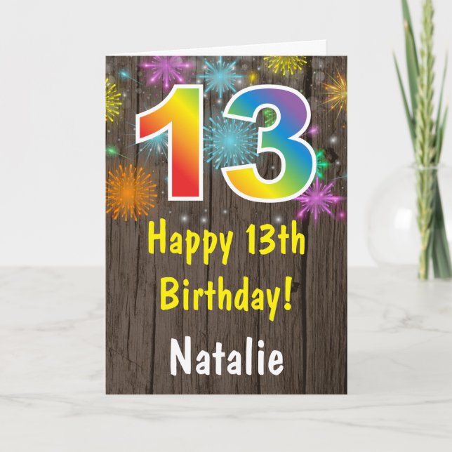 Rustik 13-årsdag Färgglada regnbågsfyrverkerier Kort (Framsida)