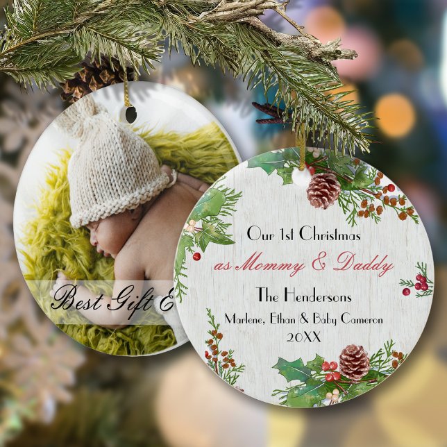 Rustik 1:a julafton New mamma Pappa Milestone Phot Julgransprydnad Keramik (Skapare uppladdad)