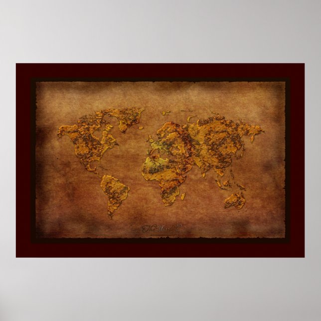 Rustik 3D-Poster med rostton World Map Art Poster (Framsidan)