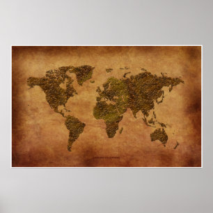 Rustik 3D World Map on Parchment-effect Poster