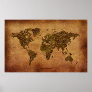 Rustik 3D World Map on Parchment-effect Poster