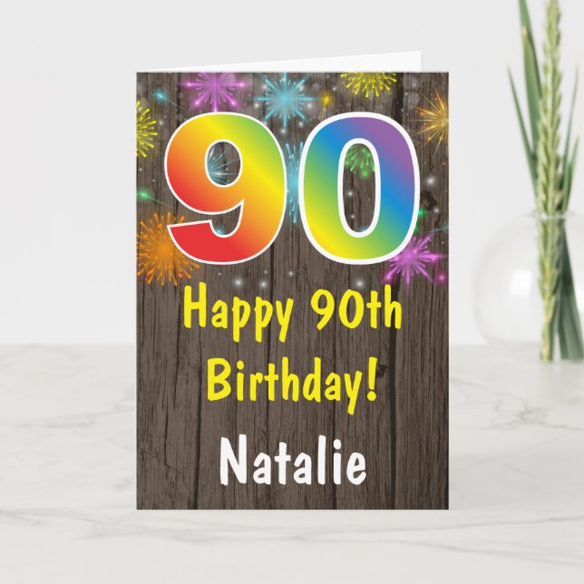 Rustik 90-årsdag Färgglada regnbågsfyrverkerier Kort (Framsida)